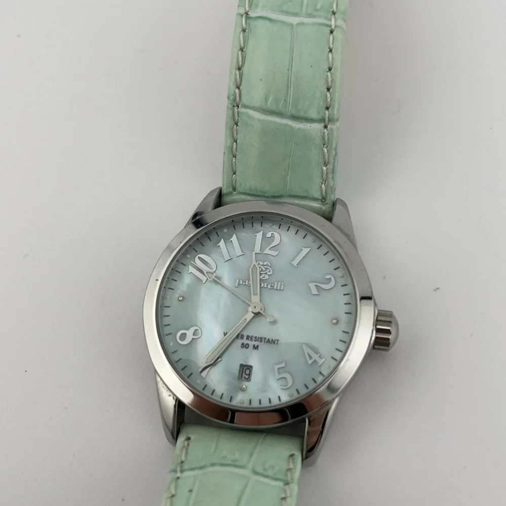 Pastorelli Watch Women 34mm Case MOP Dial Blue Leather Band Swiss- New Battery